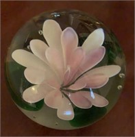 Hand Bown Glass Paperweight with Flower