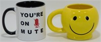 * Two Mugs: Smiley & "You're on Mute" - New,
