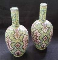 Rare Pr Antique Decorated Glass Bottle Form Vases