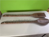Large wooden fork and spoon - 41in long