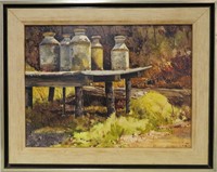Rosalie Bishop, oil on board, 12 x 16", milk cans