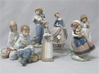 Lladro - 7 porcelain figurines, variously 6-8" h.