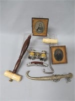 Gent's lot: gavel, boot hook, pages, opera glasses