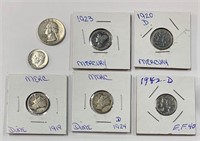 6 Silver Dimes and 1 Silver Quarter.