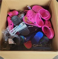 Box lot of new kids flip flops and water shoes