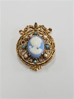 VTG FLORENZA Gold Tone Blue Ornate Cameo Brooch