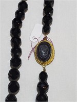 Vintage Cameo Pendant Black Bead Necklace