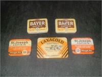 5 Antique Medicine Tins Bayers St. Joseph Laxacold