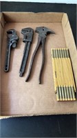 Antique tool lot, includes 2 pipe wrenches (one