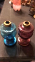 Two colored antique oil lamp bottoms 5 1/2 x 3”