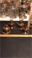 Lot of 4 brass oil lamps.  2 are missing the