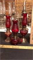 Lot of 3 red glass oil lamps