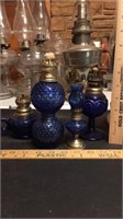 Lot of 4 blue glass oil lamps.  3 are missing