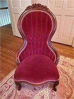 CARVED MAHOGANY TUFTED BACK PARLOR CHAIR