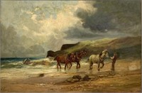 Sgd F Rome Painting of Horses Pulling Log near Sea