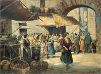 Italian Marketplace Scene Painting sgd. V. Ciappa.