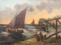 Small, Old Painting of People & Boats sgd. Stevens