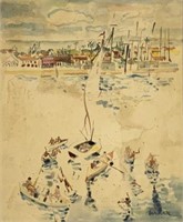Watercolor of Boats & Tropical Locale sgd. Marx.
