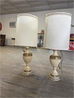 PAINTED BRASS FLUTED URN LAMPS PAIR