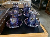 6 HAND PAINTED GLASSES AND SAUCERS