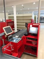 RED CHECKOUT STAND W CONVEYOR BELT & POS SYS