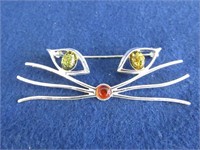 Sterling Silver Cat Pin w/Amber Stones 7.9gr