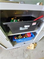 2 Bins Assorted Hand Tools, Cleaning Sundries etc