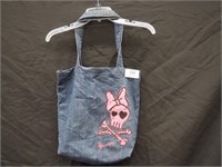 Blue Denim Bag 14"X14" Pink Skull and Bones