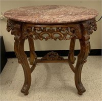 Ornate Carved Oval Accent Table with Pink Marble