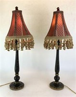 Pair of Painted Wood Lamps with Tassel Shades