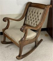 Large Oak Rocker with Upholstered Seat & Tufted