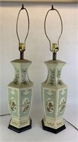Pair of Drexel Glazed Lamps with Wooden Base