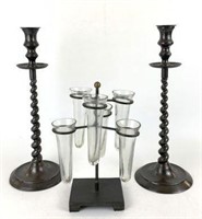 Bud Vases in Wrought Iron Holder & Pair of Metal