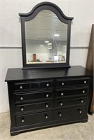 (L) Black Wood Dresser W Mirror. APRX 52” x 72” x