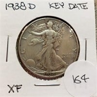 1938D Walking Liberty Half Dollar Key Date XF