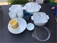 Lot of white Corelle/Corning with lids and more
