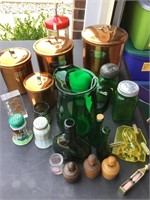 Copper canisters, old green glass, and more