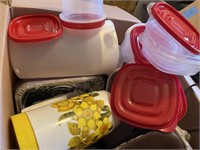 2 Boxes plastic dishware, thermos bottles, more