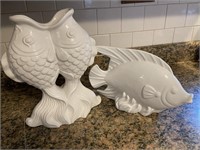 2 Large White Ceramic Fish