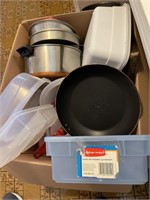 2 large boxes pots & pans, plasticware