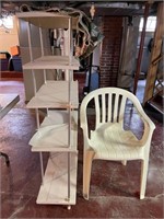 Wooden 4 shelf unit & plastic chair