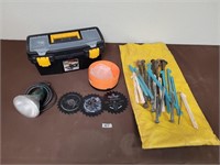 tent pegs, tool box, saw blades etc