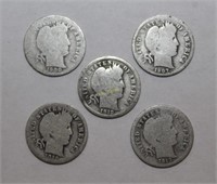 Five Silver Barber Dime Coins
