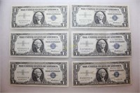 Six 1957 Silver Certificate Dollar Bills