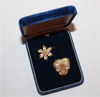 Two 14K Gold and Diamond Flower Pins