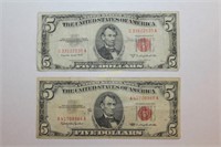 1953 B and 1963 Red Seal $5 Dollar Bills