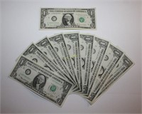 1969 D and Nine 1974 Uncirculated $1 Dollar Bills