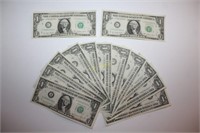 Two 1977, Eleven 1981 Uncirculated $1 Dollar Bills