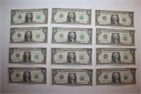 Twelve 1985 Uncirculated $1 Dollar Bills