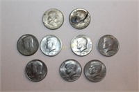 A 1962 Franklin + Eight Kennedy Half Dollar Coins